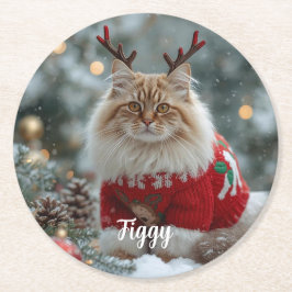かわいいノルウェーの森の猫のクリスマス　パーソナライズされた ラウンドペーパーコースター