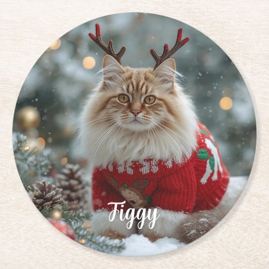 かわいいノルウェーの森の猫のクリスマス　パーソナライズされた ラウンドペーパーコースター (正面)