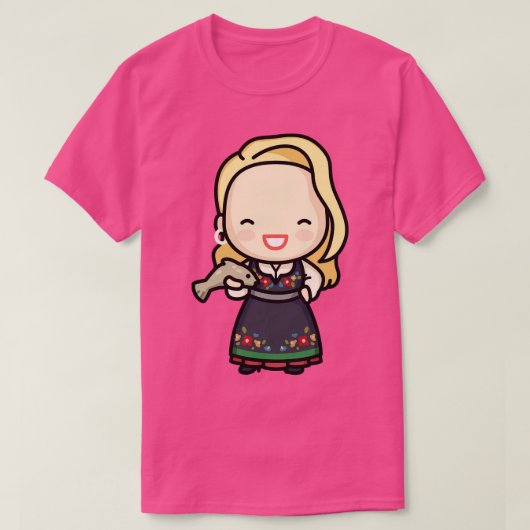 かわいいノルウェー伝統的の女の子 – 身に魚のドレス Tシャツ (デザイン正面)