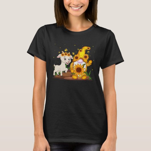 かわいいノームとヤギのひまわり ノーム ヤギ ファーマー Tシャツ (正面)