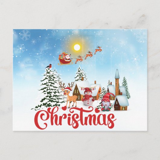 かわいいノームと雪だるまがクリスマスを祝っている シーズンポストカード (正面)