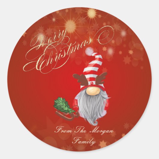 かわいいノームもみの木そりクリスマス ラウンドシール (正面)