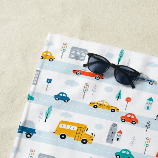 かわいいハイウェイ車のパターン ビーチタオル (インサイチュ)