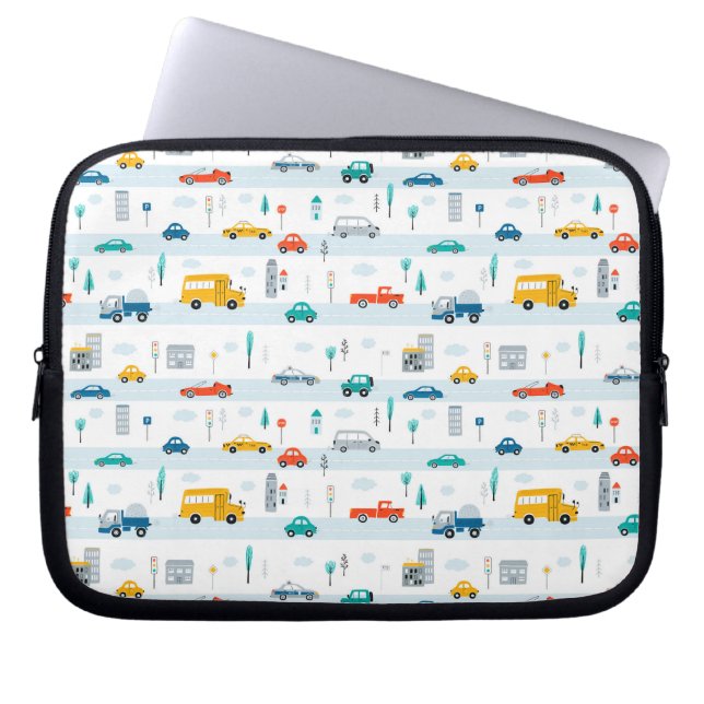 かわいいハイウェイ車のパターン ラップトップスリーブ (正面)