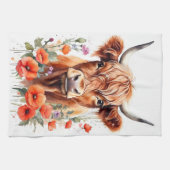 かわいいハイランドの牛と赤いケシの水色 キッチンタオル (横)