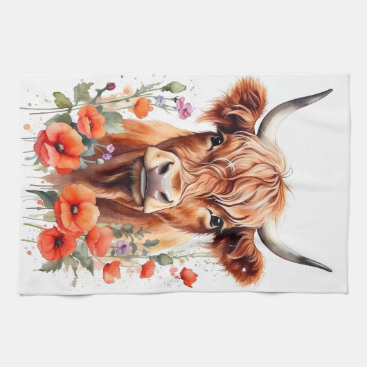 かわいいハイランドの牛と赤いケシの水色 キッチンタオル (横)