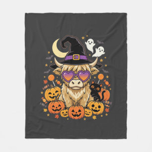 かわいいハイランドカウの魔女のハロウィンカボチャパーティー フリースブランケット