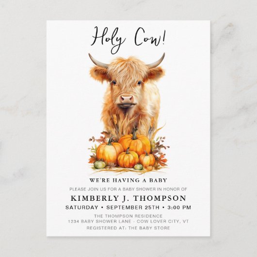 かわいいハイランドカウオータムカボチャ赤ちゃんシャワー インビテーションポストカード (正面)