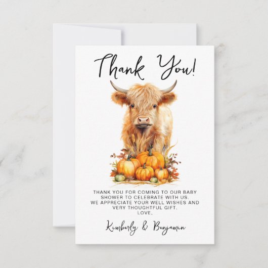 かわいいハイランドカウオータムカボチャ赤ちゃんシャワー サンキューカード (正面)