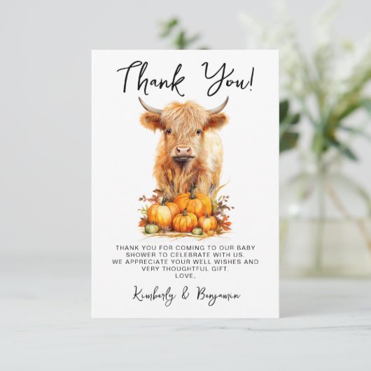 かわいいハイランドカウオータムカボチャ赤ちゃんシャワー サンキューカード (スタンド正面)