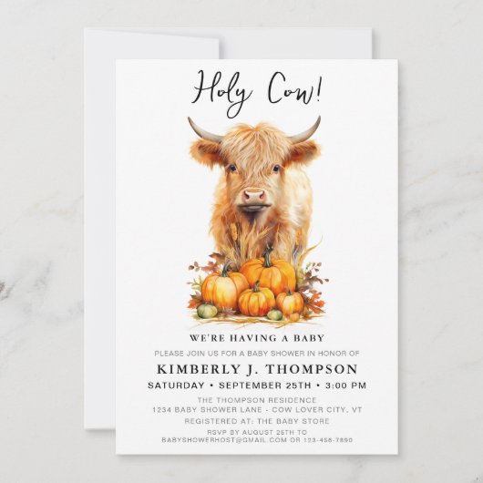 かわいいハイランドカウオータムカボチャ赤ちゃんシャワー 招待状 (正面)