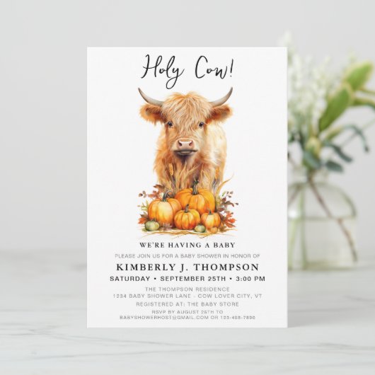 かわいいハイランドカウオータムカボチャ赤ちゃんシャワー 招待状 (スタンド正面)