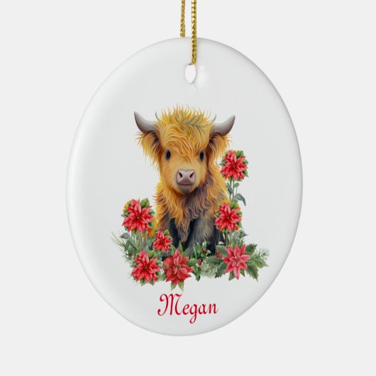 かわいいハイランドカウクリスマスパーソナライズされたの名前 セラミックオーナメント (右)