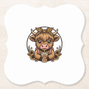 かわいいハイランドカウコーヒーひまわりヴィンテージTシャツ_1 ペーパーコースター