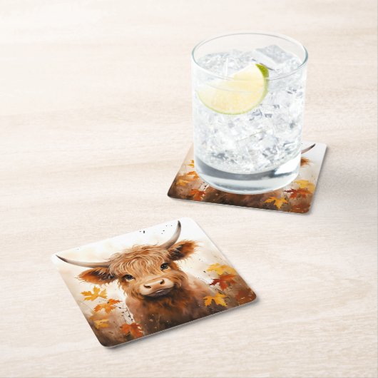 かわいいハイランドカウシリーズデザイン1 スクエアペーパーコースター (インサイチュ)