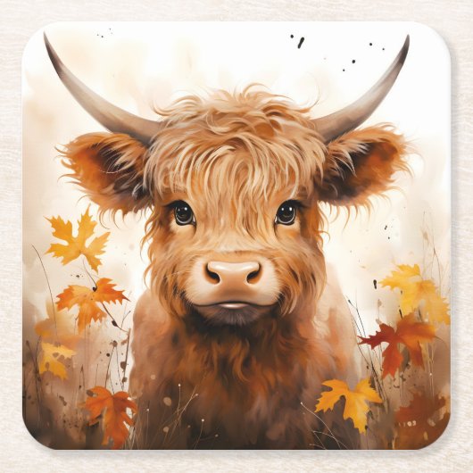 かわいいハイランドカウシリーズデザイン1 スクエアペーパーコースター (正面)