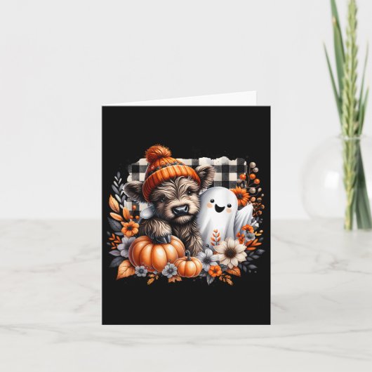 かわいいハイランドカウハロウィンと幽霊カボチャのスポ カード (正面)