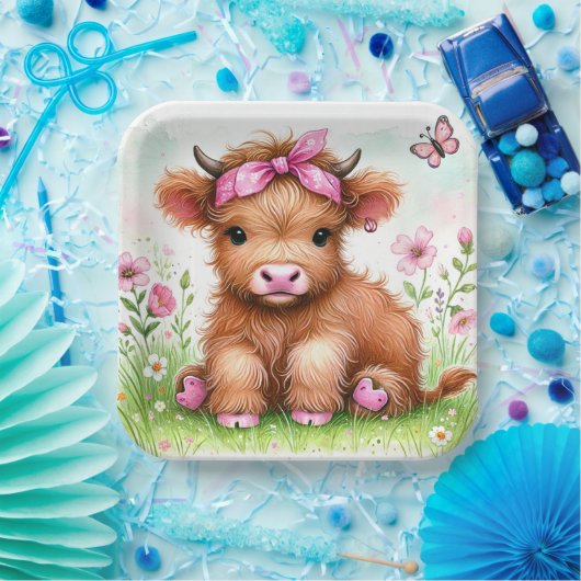 かわいいハイランドカウバタフライガールバースデーパーティー ペーパープレート (パーティー)