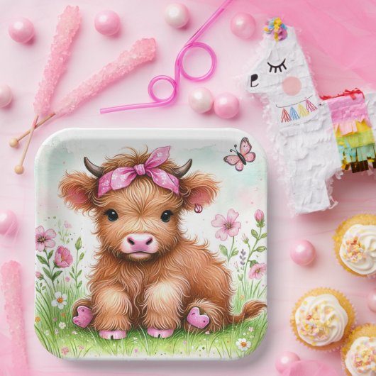 かわいいハイランドカウバタフライガールバースデーパーティー ペーパープレート (パーティー)