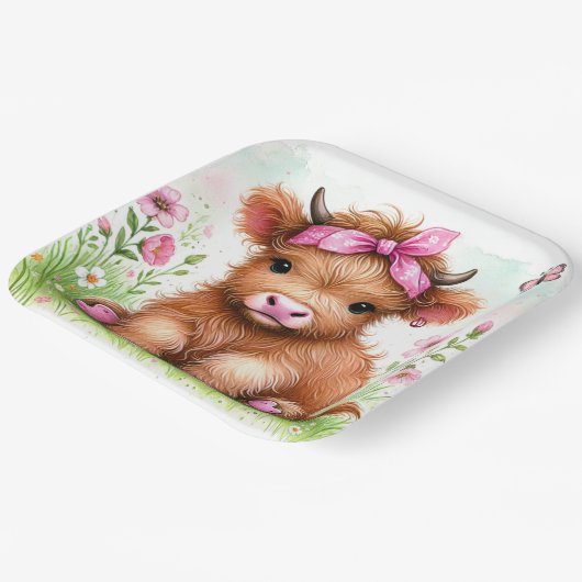 かわいいハイランドカウバタフライガールバースデーパーティー ペーパープレート (傾斜あり)