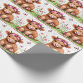 かわいいハイランドカウバタフライガールバースデーパーティー ラッピングペーパー (角)