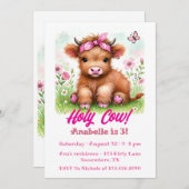 かわいいハイランドカウバタフライガールバースデーパーティー 招待状 (正面/裏面)