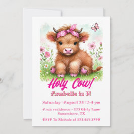 かわいいハイランドカウバタフライガールバースデーパーティー 招待状