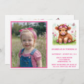 かわいいハイランドカウバタフライフォトバースデーパーティー 招待状 (正面/裏面)