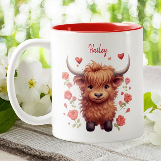 かわいいハイランドカウピンクハートフローラバレンタイン ツートーンマグカップ