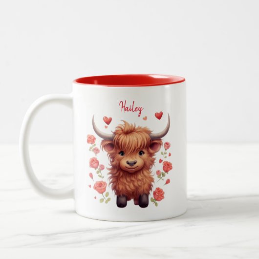 かわいいハイランドカウピンクハートフローラバレンタイン ツートーンマグカップ (左)