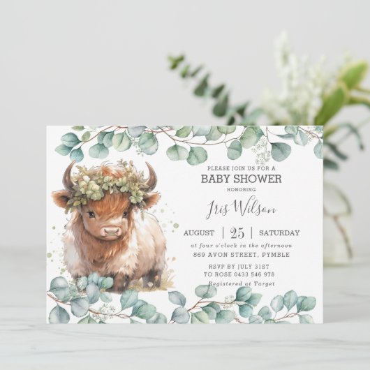 かわいいハイランドカウユーカリ緑の赤ちゃんシャワー 招待状 (スタンド正面)
