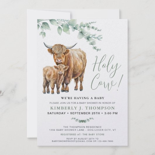 かわいいハイランドカウユーカリ緑の赤ちゃんシャワー 招待状 (正面)