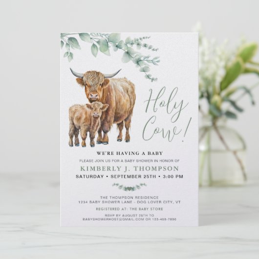 かわいいハイランドカウユーカリ緑の赤ちゃんシャワー 招待状 (スタンド正面)