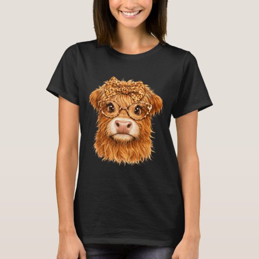 かわいいハイランドカウレオパードリボン眼鏡農場の動物 Tシャツ (正面)