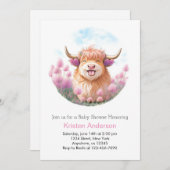 かわいいハイランドカウ編集可能ピンクの女の子ベビーシャワー 招待状 (正面/裏面)