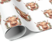 かわいいハイランド牛とクリスマスリースパターン ラッピングペーパー (ロールコーナー)