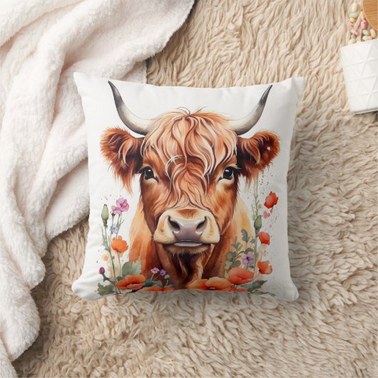 かわいいハイランド牛とケシの花の水色 クッション (ブランケット)