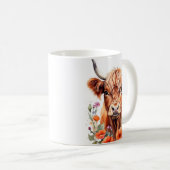 かわいいハイランド牛とケシの花の水色 コーヒーマグカップ (正面右)
