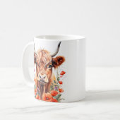 かわいいハイランド牛とケシの花の水色 コーヒーマグカップ (正面左)