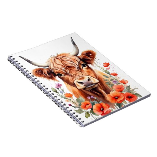 かわいいハイランド牛とケシの花の水色 ノートブック (右側)