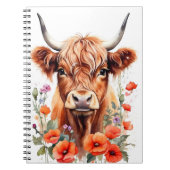 かわいいハイランド牛とケシの花の水色 ノートブック (正面)