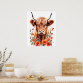 かわいいハイランド牛とケシの花の水色 ポスター (キッチン)