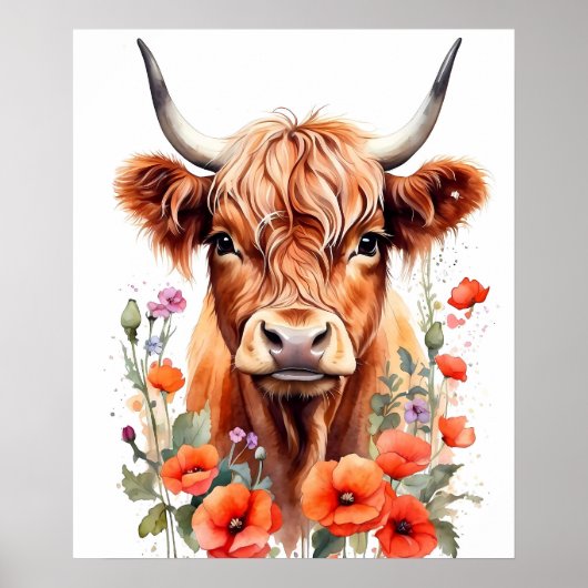 かわいいハイランド牛とケシの花の水色 ポスター (正面)