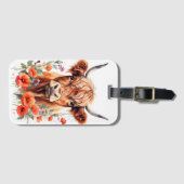 かわいいハイランド牛とケシの花の水色 ラゲッジタグ (正面横)