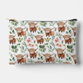 かわいいハイランド牛とピンクの花パターンフローラ アクセサリーポーチ (正面)