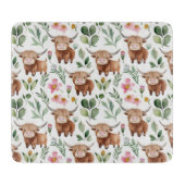 かわいいハイランド牛とピンクの花パターンフローラ カッティングボード (正面)