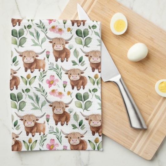 かわいいハイランド牛とピンクの花パターンフローラ キッチンタオル (四つ折り)
