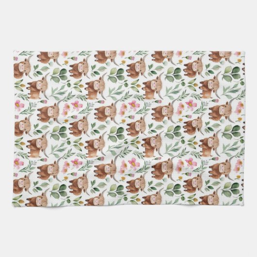 かわいいハイランド牛とピンクの花パターンフローラ キッチンタオル (横)
