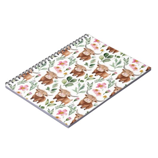 かわいいハイランド牛とピンクの花パターンフローラ ノートブック (左側)