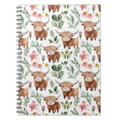 かわいいハイランド牛とピンクの花パターンフローラ ノートブック (正面)